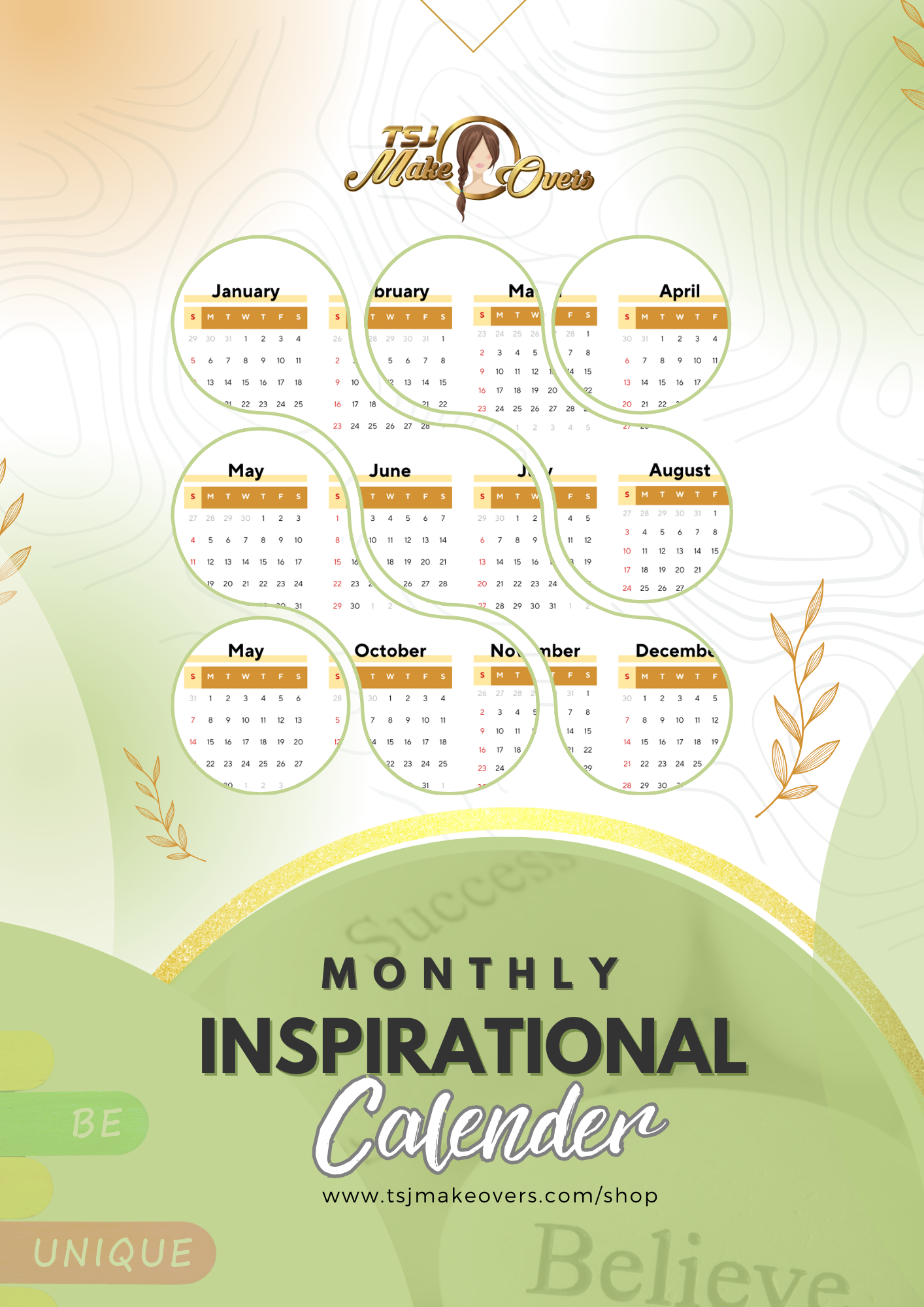 Editable monthly calendar template for Canva - January layout.